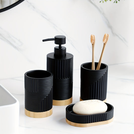 ZHANWANGJIAJU 4pcs Bathroom Accessory Set - Includes Soap Dispenser, Mouthwash Cup, and Soap Dish in Black with Wood Accents