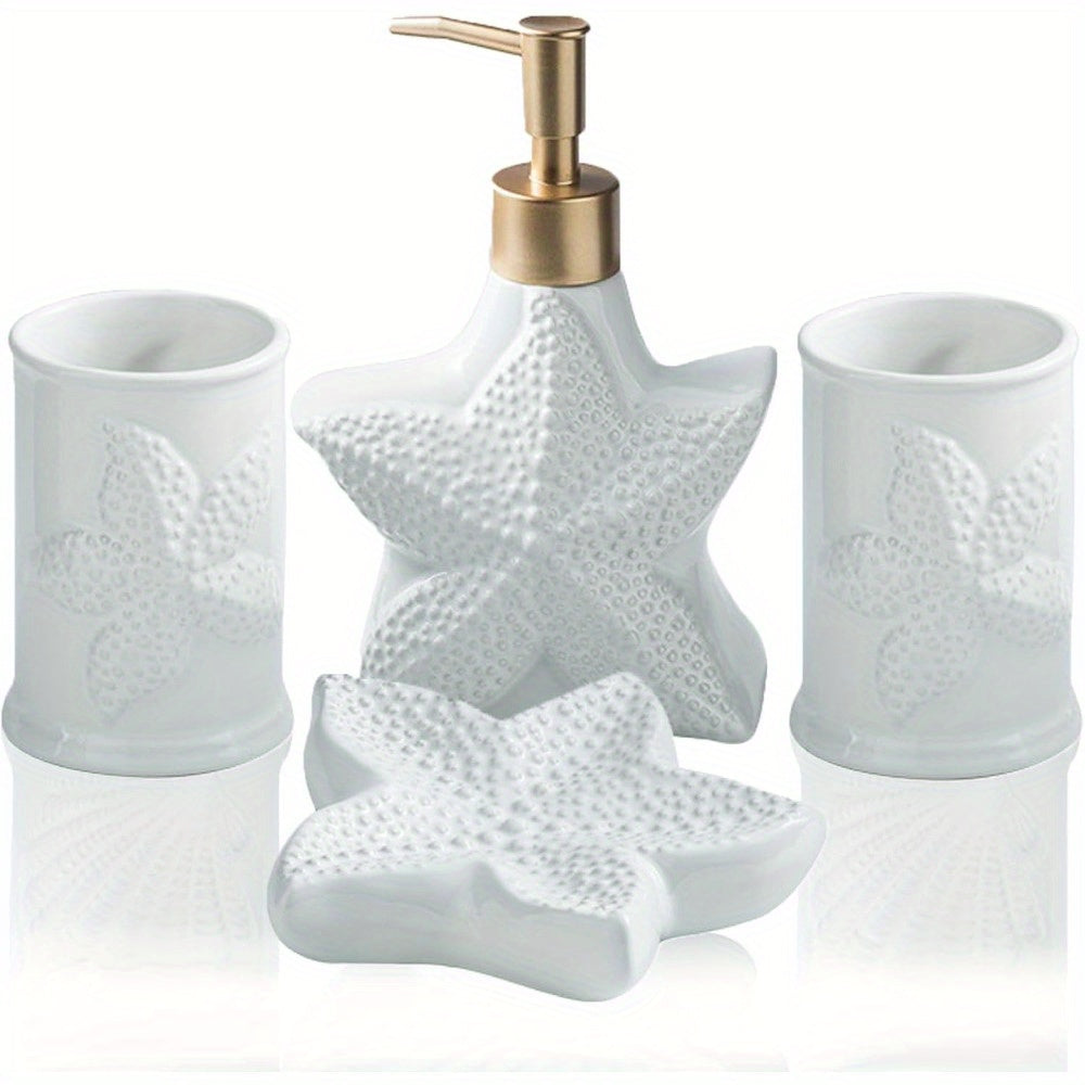 Bathroom Accessories Set, 4pcs Beach Starfish Ensemble Sets Ceramic Bathroom Counter Sets Includs Soap Dispenser Soap Dish & 2 Gargle Cup, Creative Bathroom Kit for Home Office Hotel