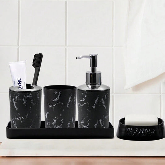 5-Piece Black Marble Bathroom Accessory Set - Durable Plastic, Toothbrush Holder, 2 Tumbler Cups, Soap Dispenser, Soap Dish with Tray