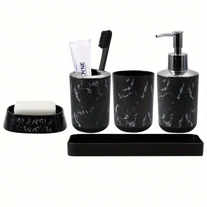 5-Piece Black Marble Bathroom Accessory Set - Durable Plastic, Toothbrush Holder, 2 Tumbler Cups, Soap Dispenser, Soap Dish with Tray