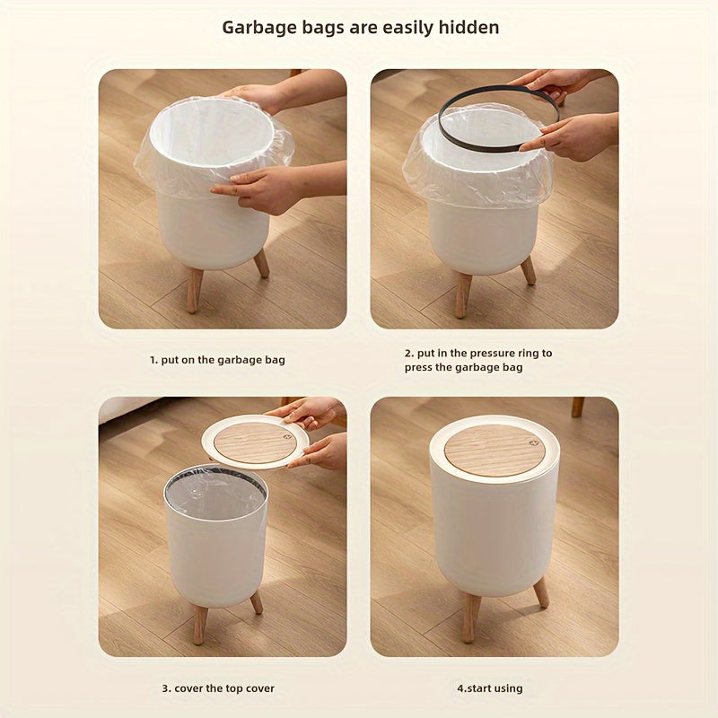 Cylindrical Plastic Trash Can with Press-Top Lid - Quiet Close Waste Bin for Office, Kitchen, Bathroom, Bedroom - No Electricity Needed, Easy Open Top