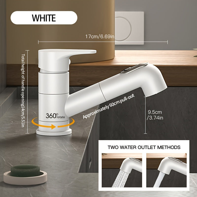 Contemporary Brass Pull-Out Bathroom Sink Faucet with Dual Spout Function, 360-Degree Swivel, Single Hole Deck Mount, Ceramic Valve Core, Hot and Cold Water Mixer, Paint Finished Surface