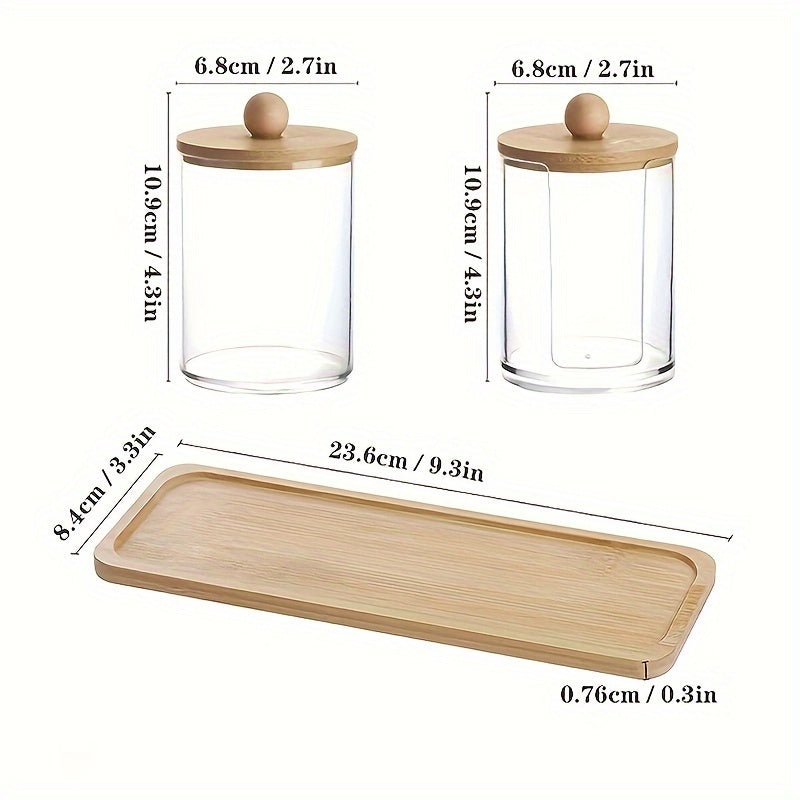 10 oz Qtip Holder with Vanity Tray, 3 Pack Cotton Swab/Ball/Pad Dispenser Apothecary Jar, Clear Bathroom Containers Dispenser for Storage Bamboo Lids
