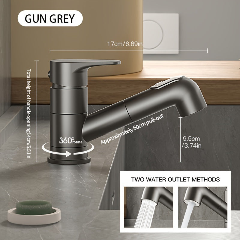 Contemporary Brass Pull-Out Bathroom Sink Faucet with Dual Spout Function, 360-Degree Swivel, Single Hole Deck Mount, Ceramic Valve Core, Hot and Cold Water Mixer, Paint Finished Surface
