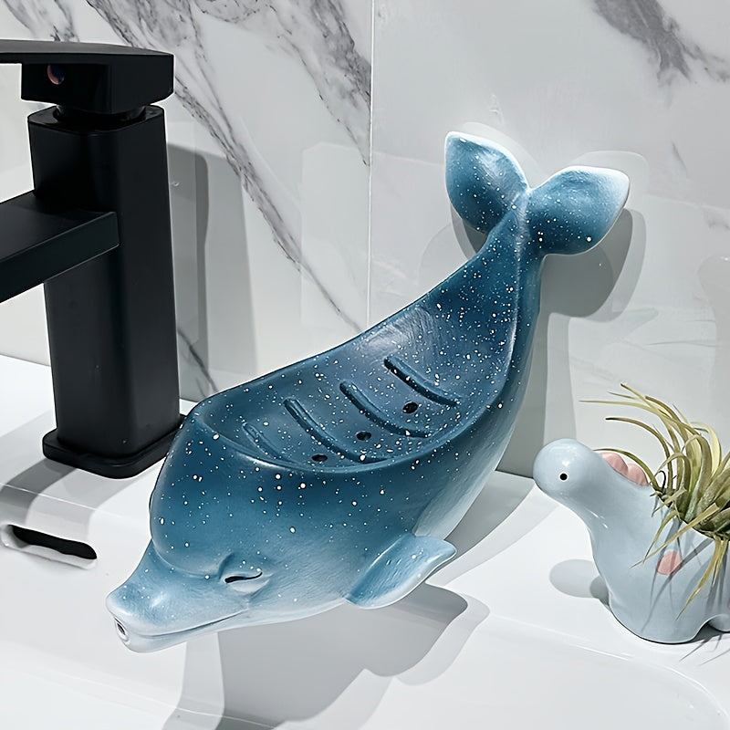 1pc Ceramic Dolphin Soap Dish, Unique Creative Starry Sky Design, Drainable Soap Holder for Home Use, No Water Accumulation, Water-Outflow Feature, Bathroom Accessory, Soap Bar Holder | Whimsical Decor | Ceramic Soap Holder,
