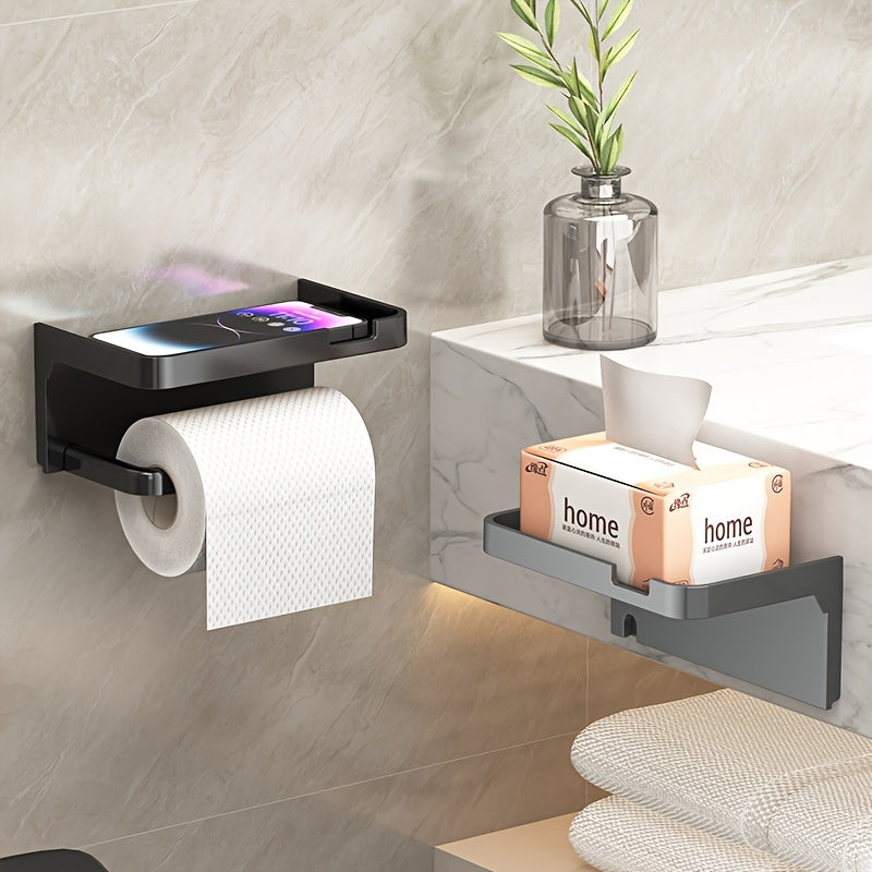 1pc No-Drill Toilet Paper Holder, Hygienic Drawer Roll Paper Rack, Wall-Mounted Bathroom Tissue Holder with Phone Stand, Plastic Material