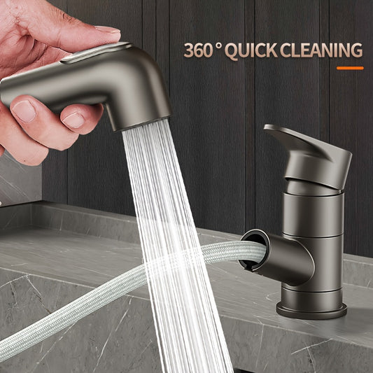 Contemporary Brass Pull-Out Bathroom Sink Faucet with Dual Spout Function, 360-Degree Swivel, Single Hole Deck Mount, Ceramic Valve Core, Hot and Cold Water Mixer, Paint Finished Surface