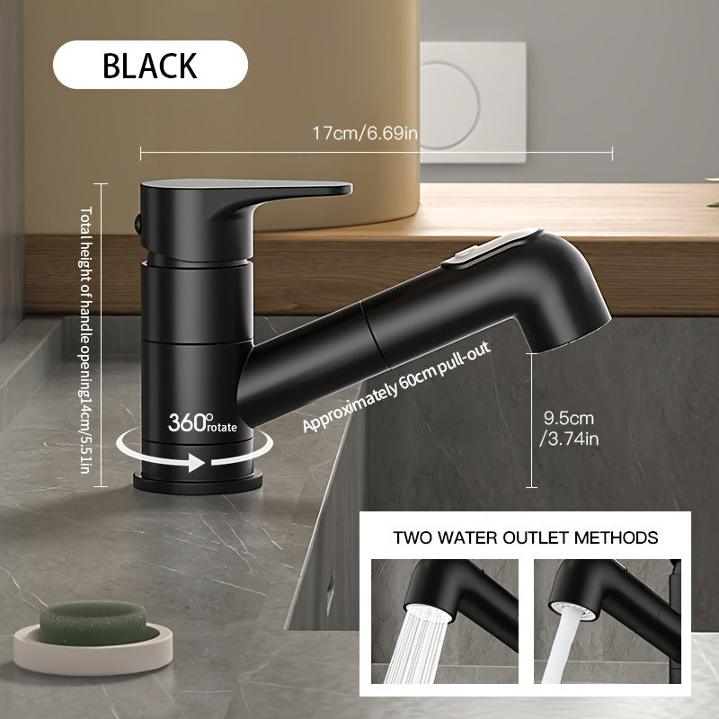 Contemporary Brass Pull-Out Bathroom Sink Faucet with Dual Spout Function, 360-Degree Swivel, Single Hole Deck Mount, Ceramic Valve Core, Hot and Cold Water Mixer, Paint Finished Surface