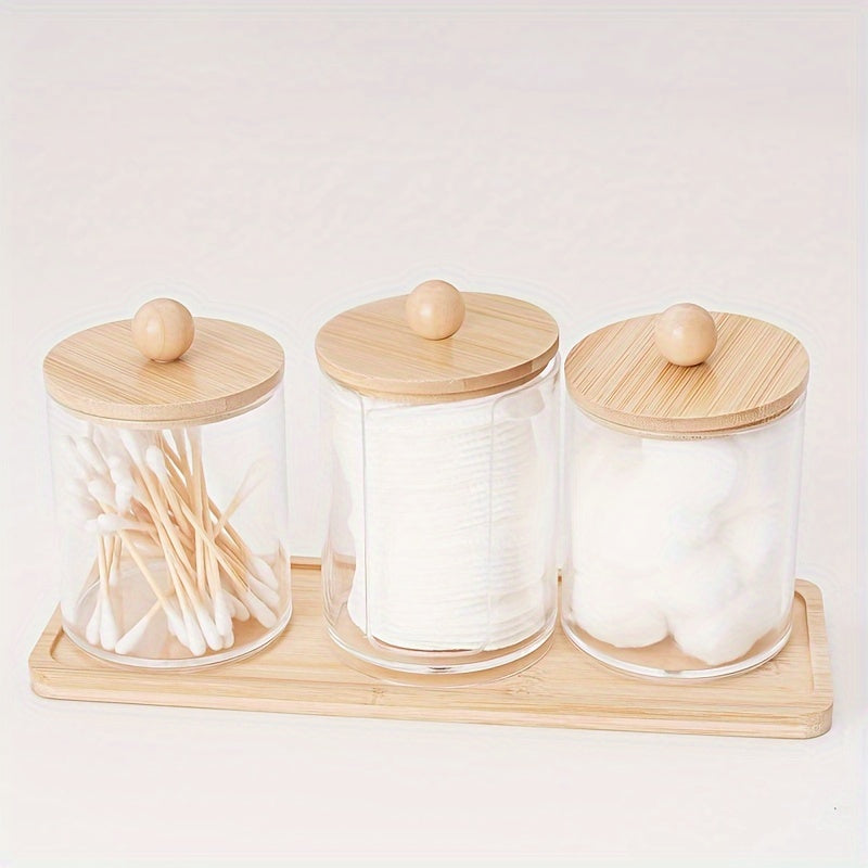 10 oz Qtip Holder with Vanity Tray, 3 Pack Cotton Swab/Ball/Pad Dispenser Apothecary Jar, Clear Bathroom Containers Dispenser for Storage Bamboo Lids