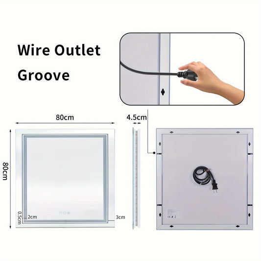 Smart LED Bathroom Mirror: Large Square Dimmable Lighted Mirror Backlit + Front Light, With Touch Sensor And Demister Pad Wall Mounted Vanity Mirror, HD Makeup Hanging Mirror Brightness Adjustable With 3 Lighting Colors, Memo