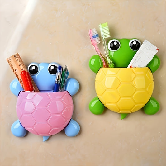 Wall-mounted suction cup storage rack with a cute little turtle design, 1pc, toothbrush holder, creative cartoon bedroom living room kitchen bathroom organizer, toothpaste holder, home decoration bathroom supplies