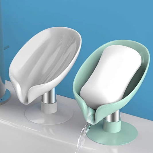 Leaf-Shaped Soap Dish with Drainage, Strong Suction, No Electricity Needed, Enhances Bathroom Decor, Keeps Soap Dry - Green/Gray
