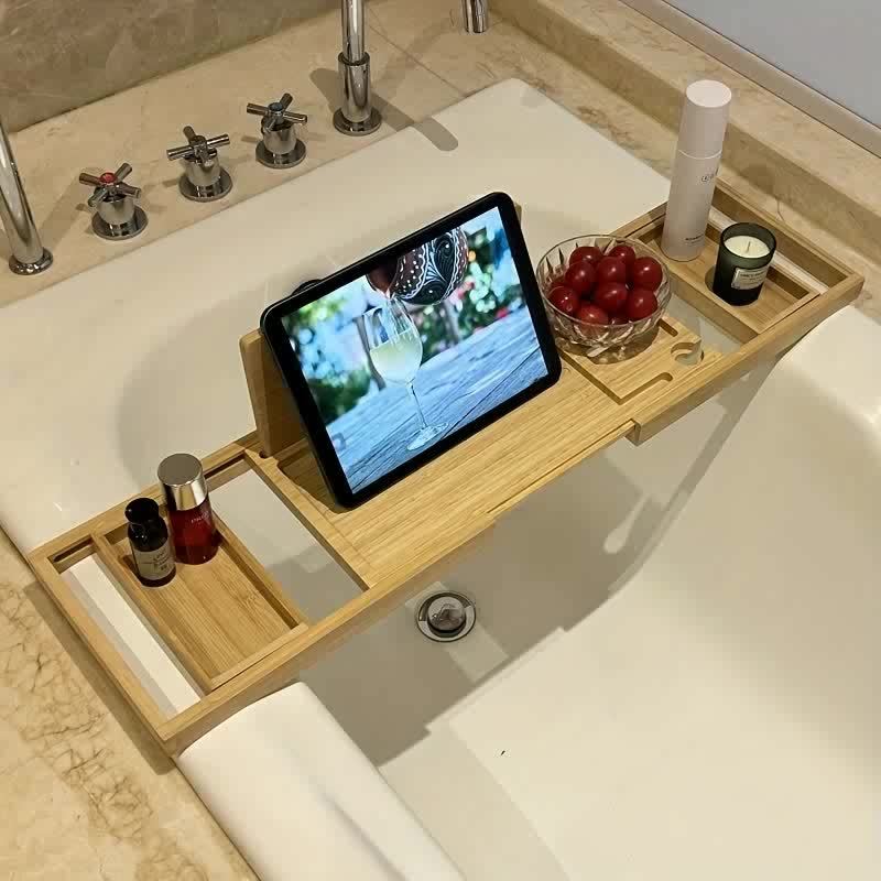 A bathtub tray, luxurious bamboo bathtub tray - adjustable natural bamboo bathtub storage rack, with wine rack, cup holder, soap dish, book space and mobile phone slot, suitable for SPA, bathroom and shower. Bamboo bathtub ra