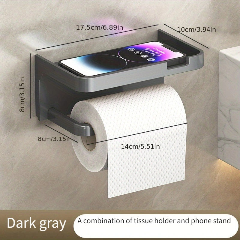 1pc No-Drill Toilet Paper Holder, Hygienic Drawer Roll Paper Rack, Wall-Mounted Bathroom Tissue Holder with Phone Stand, Plastic Material