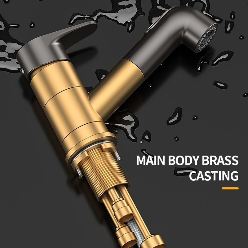 Contemporary Brass Pull-Out Bathroom Sink Faucet with Dual Spout Function, 360-Degree Swivel, Single Hole Deck Mount, Ceramic Valve Core, Hot and Cold Water Mixer, Paint Finished Surface
