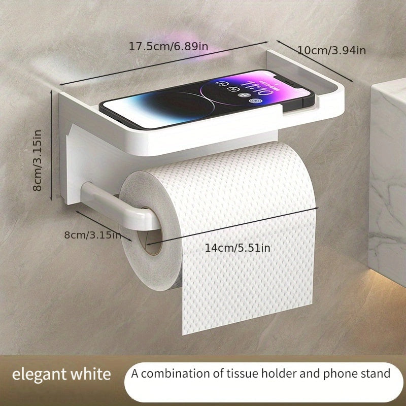 1pc No-Drill Toilet Paper Holder, Hygienic Drawer Roll Paper Rack, Wall-Mounted Bathroom Tissue Holder with Phone Stand, Plastic Material
