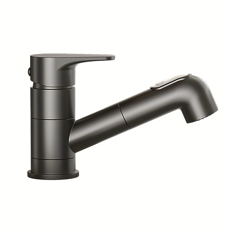 Contemporary Brass Pull-Out Bathroom Sink Faucet with Dual Spout Function, 360-Degree Swivel, Single Hole Deck Mount, Ceramic Valve Core, Hot and Cold Water Mixer, Paint Finished Surface