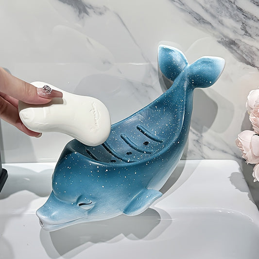 1pc Ceramic Dolphin Soap Dish, Unique Creative Starry Sky Design, Drainable Soap Holder for Home Use, No Water Accumulation, Water-Outflow Feature, Bathroom Accessory, Soap Bar Holder | Whimsical Decor | Ceramic Soap Holder,