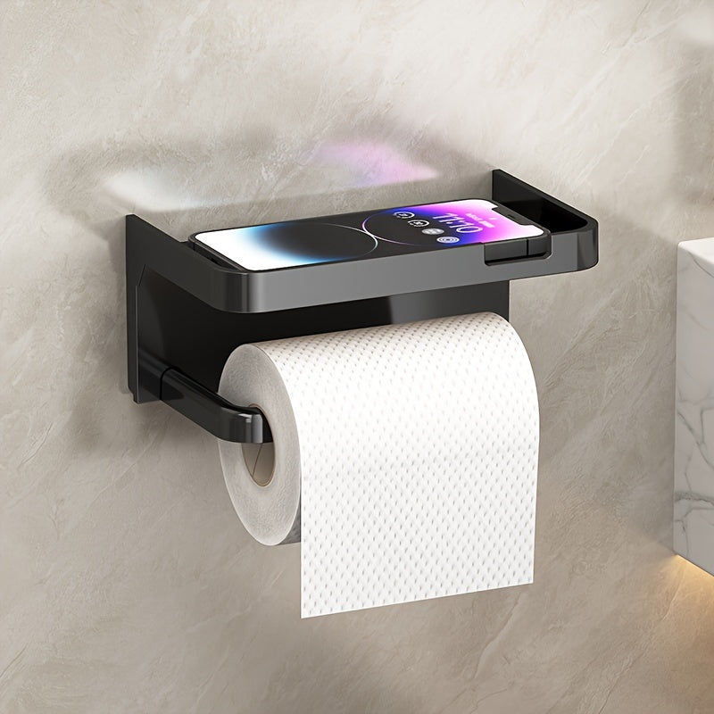 1pc No-Drill Toilet Paper Holder, Hygienic Drawer Roll Paper Rack, Wall-Mounted Bathroom Tissue Holder with Phone Stand, Plastic Material