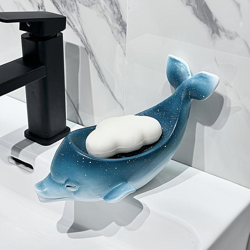 1pc Ceramic Dolphin Soap Dish, Unique Creative Starry Sky Design, Drainable Soap Holder for Home Use, No Water Accumulation, Water-Outflow Feature, Bathroom Accessory, Soap Bar Holder | Whimsical Decor | Ceramic Soap Holder,