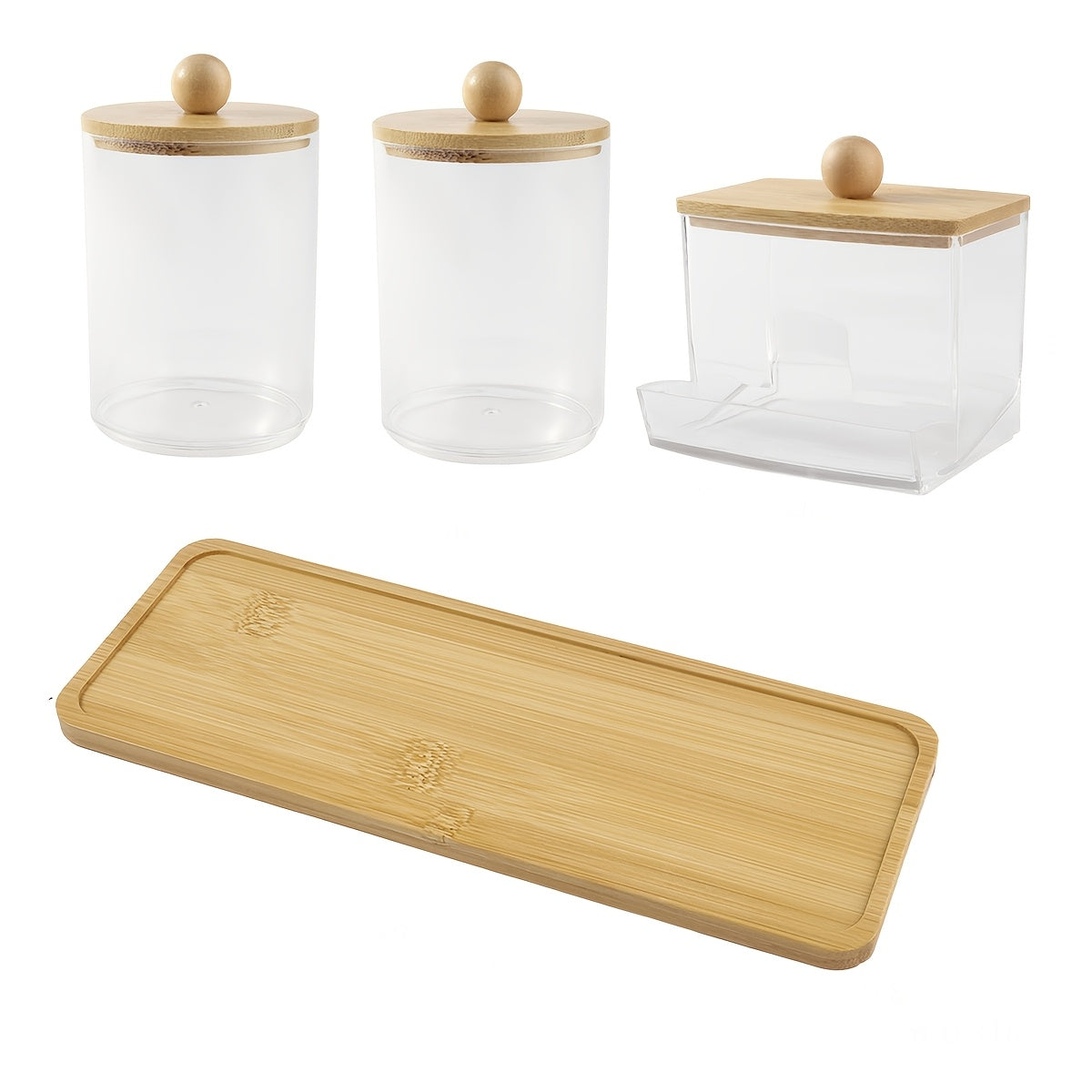 10 oz Qtip Holder with Vanity Tray, 3 Pack Cotton Swab/Ball/Pad Dispenser Apothecary Jar, Clear Bathroom Containers Dispenser for Storage Bamboo Lids