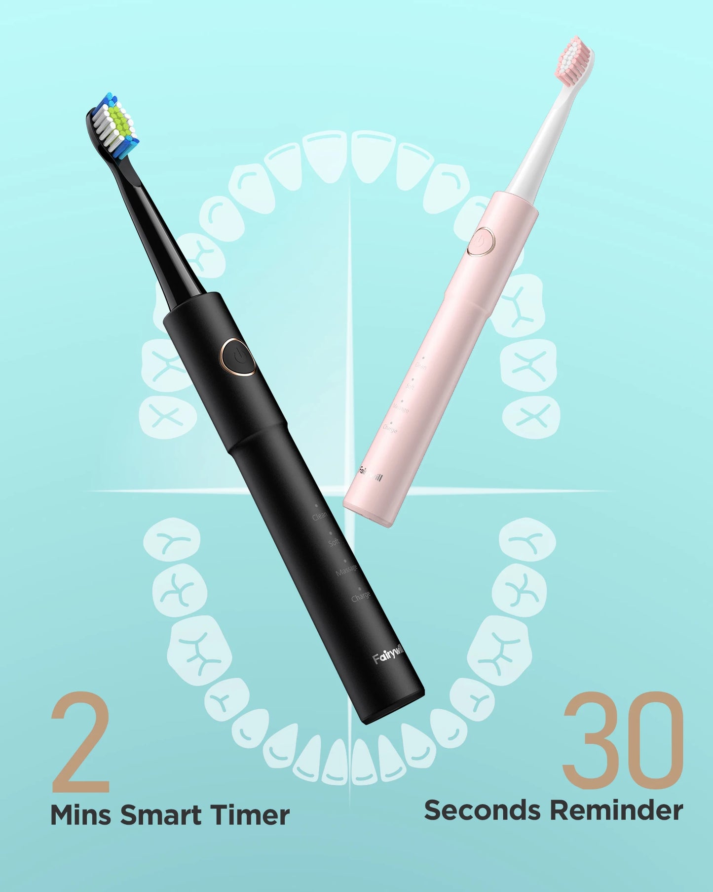 Fairywill – brosse à dents électrique sonique E11, étanche, Charge USB, avec 8 têtes de rechange