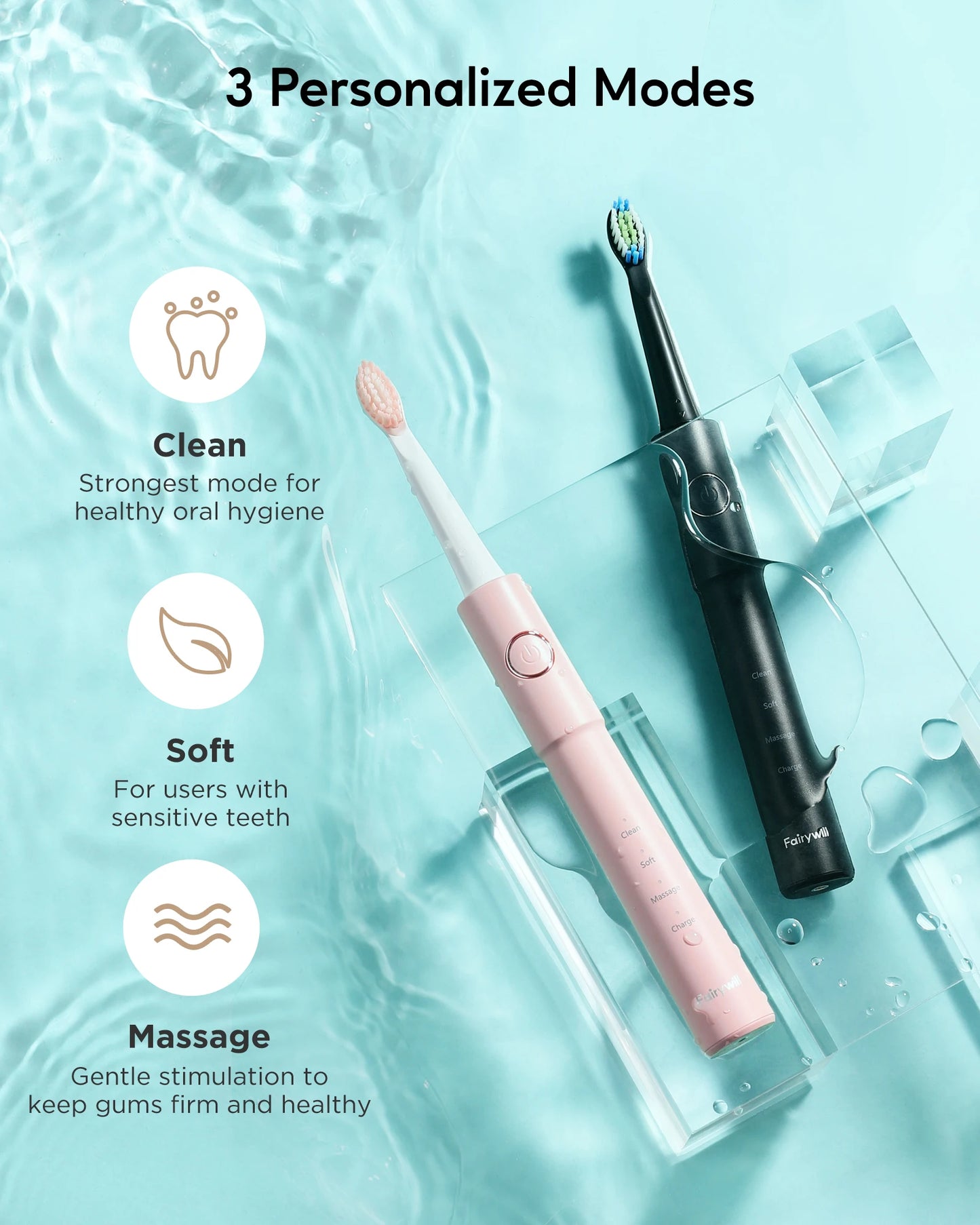 Fairywill – brosse à dents électrique sonique E11, étanche, Charge USB, avec 8 têtes de rechange