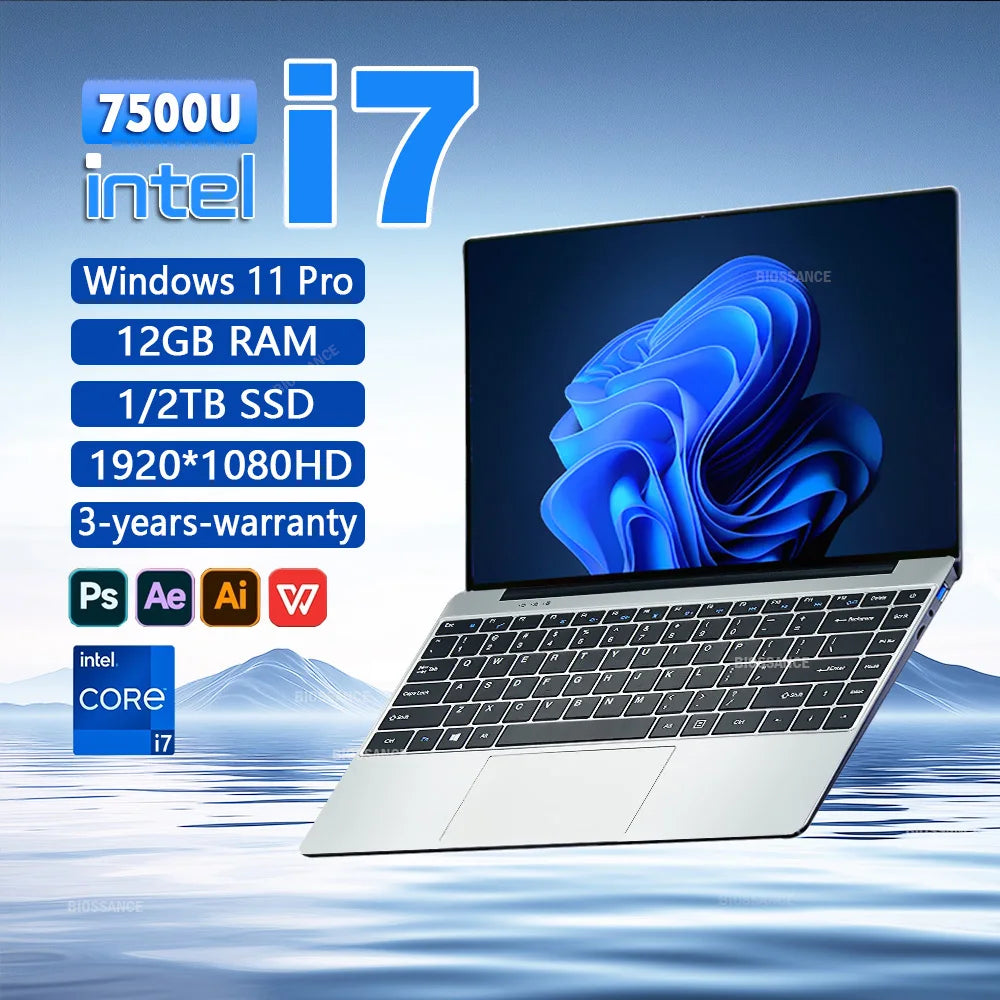 Ordinateur portable Windows 11, 12 Go de RAM, 1 To SSD, Intel Core i7, 7500U