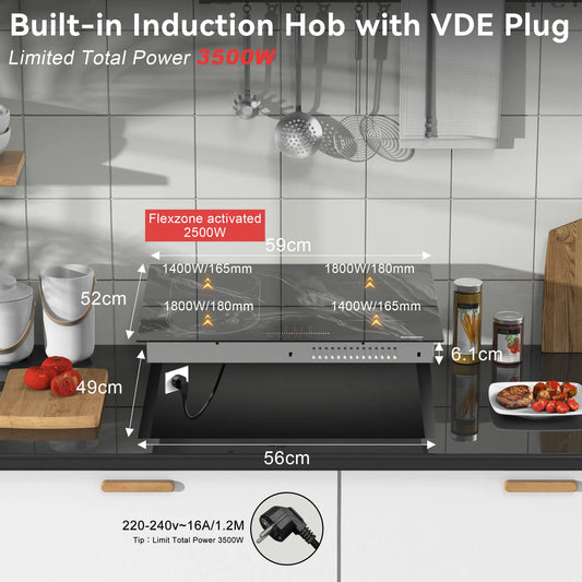 Karinear Plaque Induction 4 Feux Encastrable avec Prise, 3500W, Plaque de Cuisson Electrique avec Marbrure, Flexizone, Commande Tactile, Minuterie, 220-240V