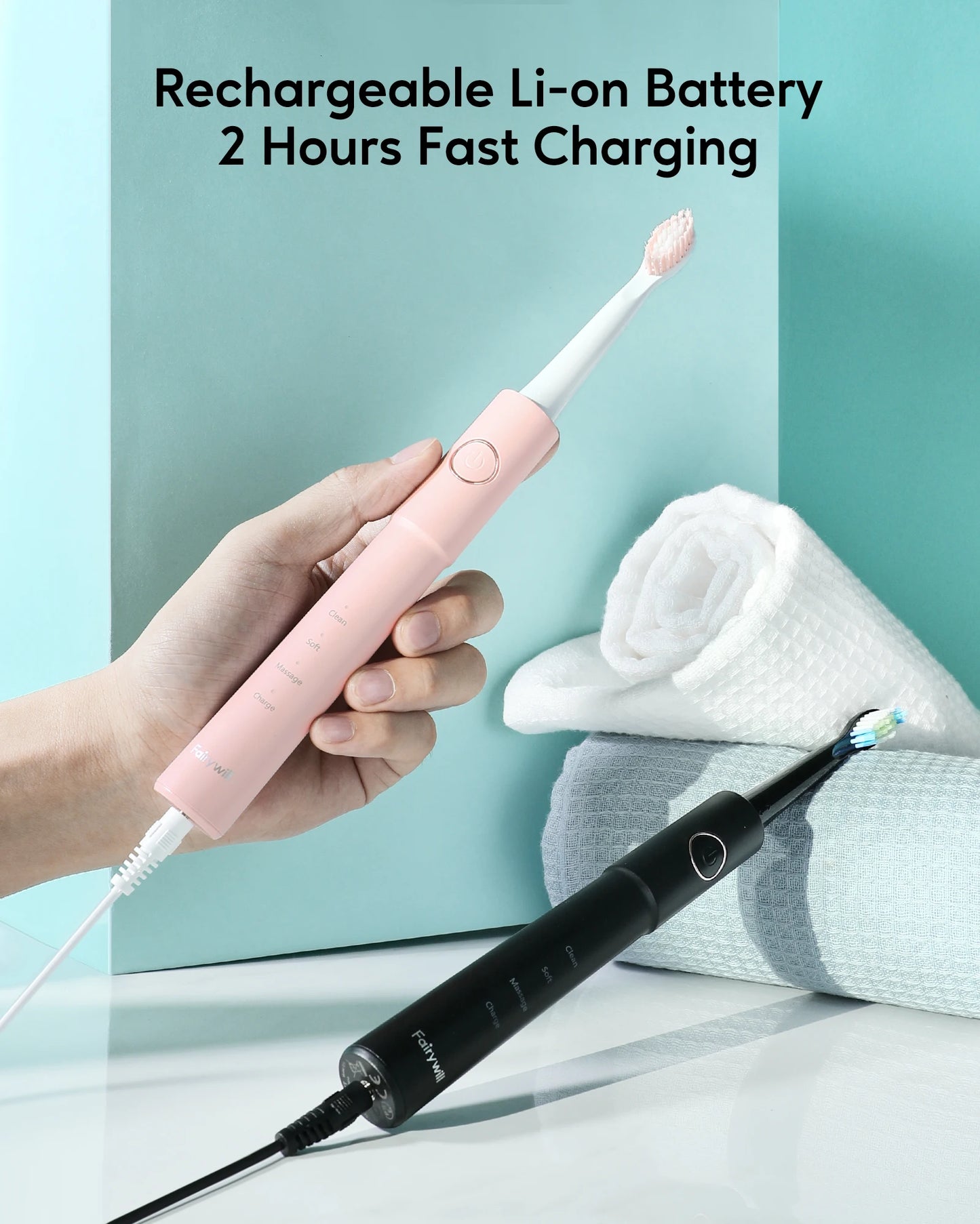 Fairywill – brosse à dents électrique sonique E11, étanche, Charge USB, avec 8 têtes de rechange