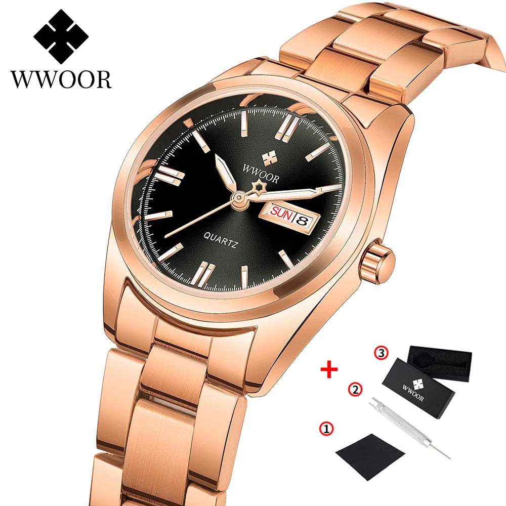 WWOOR-Montre à Quartz en Acier Inoxydable pour Femme, Étanche,