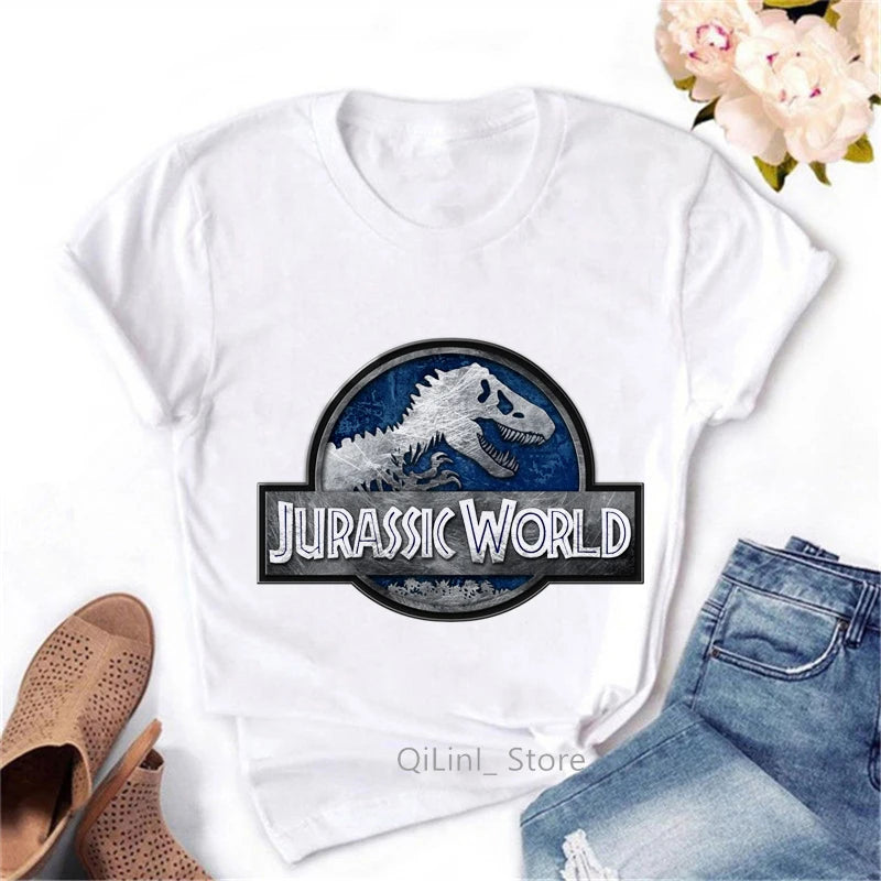 T-Shirt à Manches Courtes Blanc Vintage pour Femme, Streetwear Cool, Motif Dinosaure, Collection Estivale