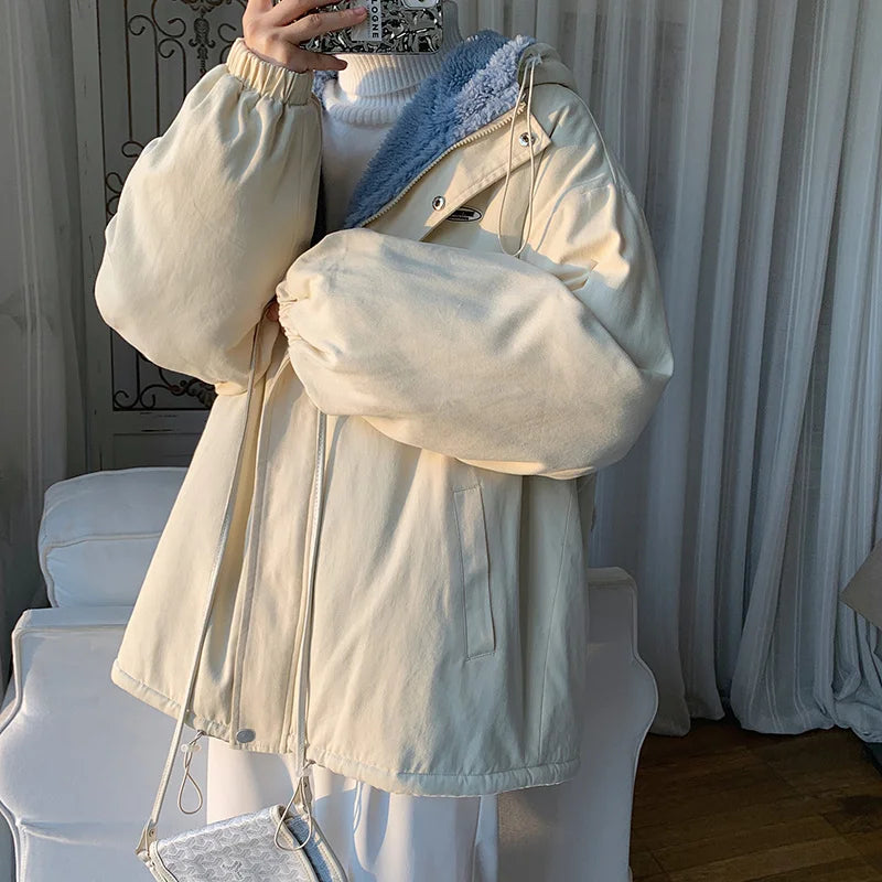 Veste à capuche en fourrure d'agneau pour hommes, optique d'hiver, manteau court, coton, vêtements d'extérieur chauds, mode coréenne