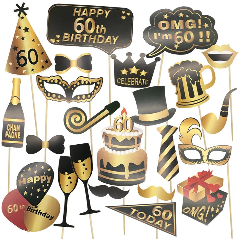 Pailles en papier à rayures dorées, 1 sac, numéro 30e 40e 50e 60e, lunettes à ceinture, pailles à boissons joyeux anniversaire pour adultes, décoration de fête en ballon