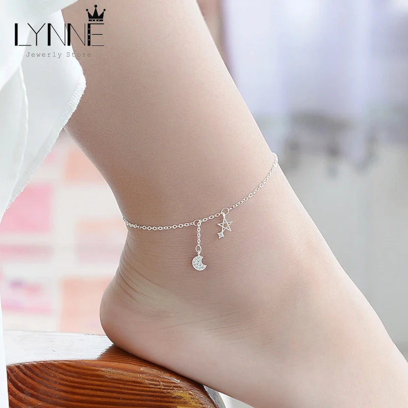 Bracelet en argent Sterling 925 en Zircon, étoile et lune, boucle de cheville, symbole Constellation, chaîne pour le pied, bijoux pour femmes et filles, cadeau, nouvelle tendance