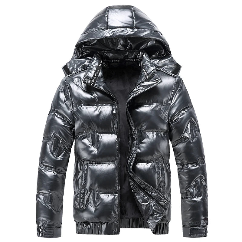 Veste d'hiver en cuir brillant pour hommes, Parka décontractée, Vêtements d'extérieur, Rembourrage matelassé imperméable, Support chaud avec capuche, Manteau d'extérieur, Nouveau