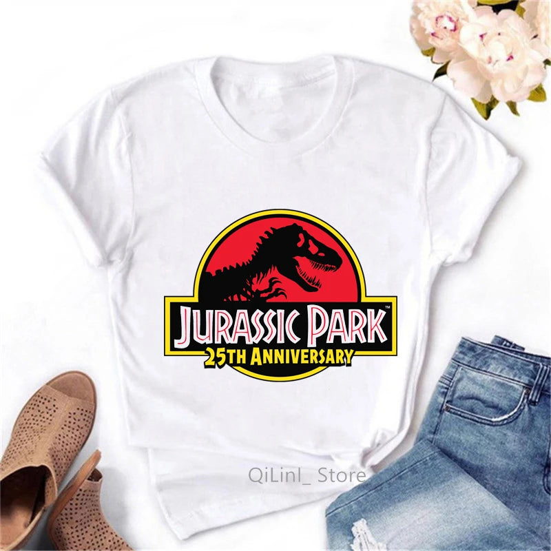 T-Shirt à Manches Courtes Blanc Vintage pour Femme, Streetwear Cool, Motif Dinosaure, Collection Estivale