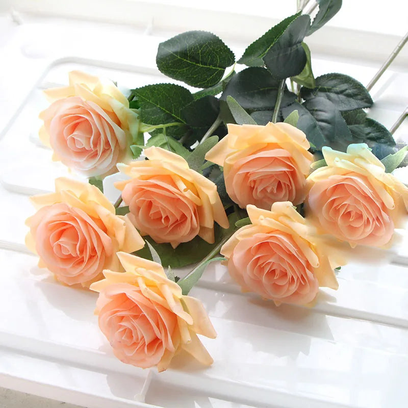 7 pièces vraie touche Rose branche tige Latex Rose main sensation feutre Simulation décorative artificielle Silicone Rose fleurs maison mariage