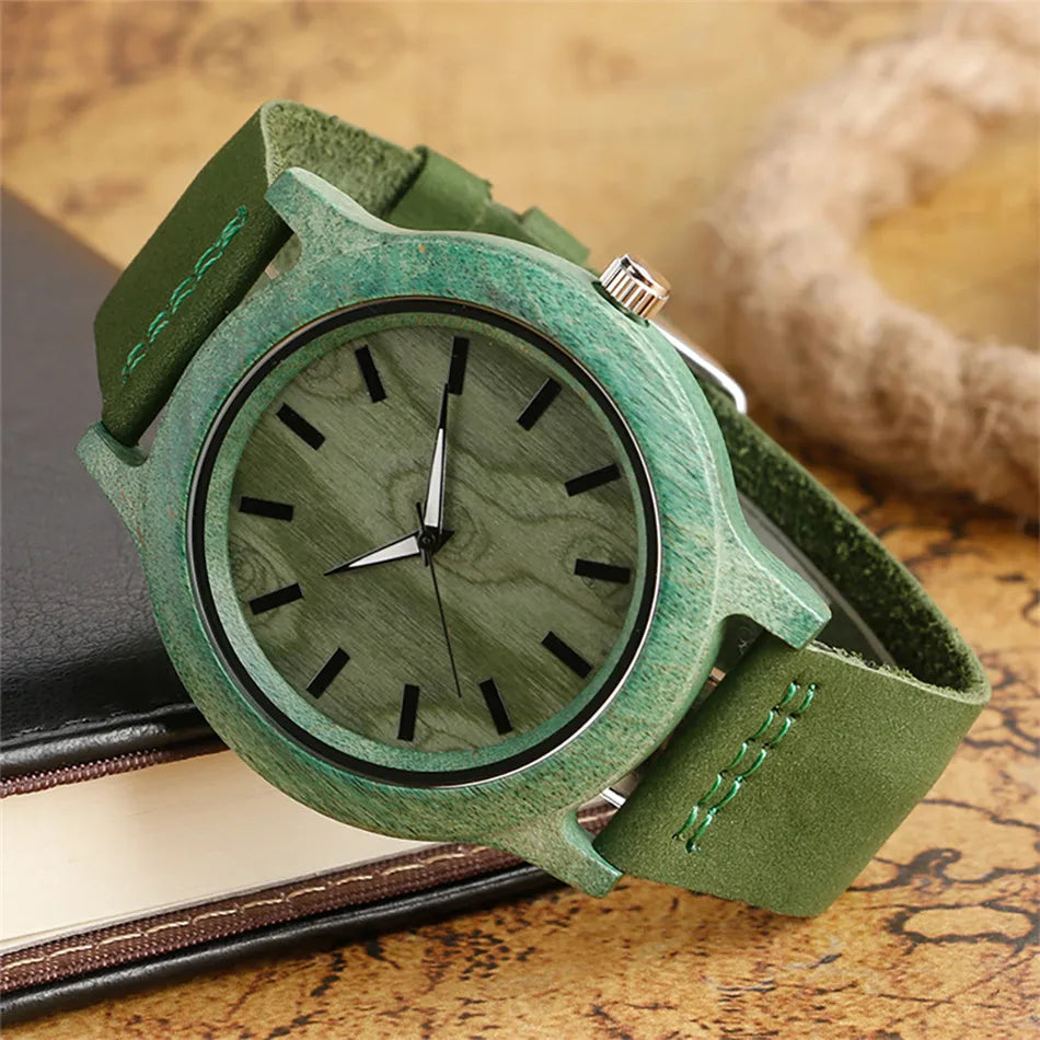 MINN-Montre-Bracelet en Bois de Bambou Vert/Rouge pour Femme, en Cuir group, à Quartz, Simple, Décontractée,