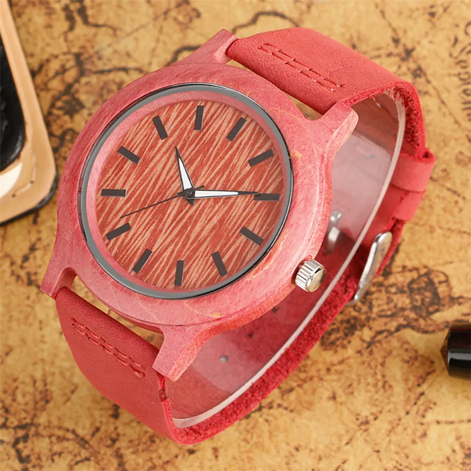 MINN-Montre-Bracelet en Bois de Bambou Vert/Rouge pour Femme, en Cuir group, à Quartz, Simple, Décontractée,