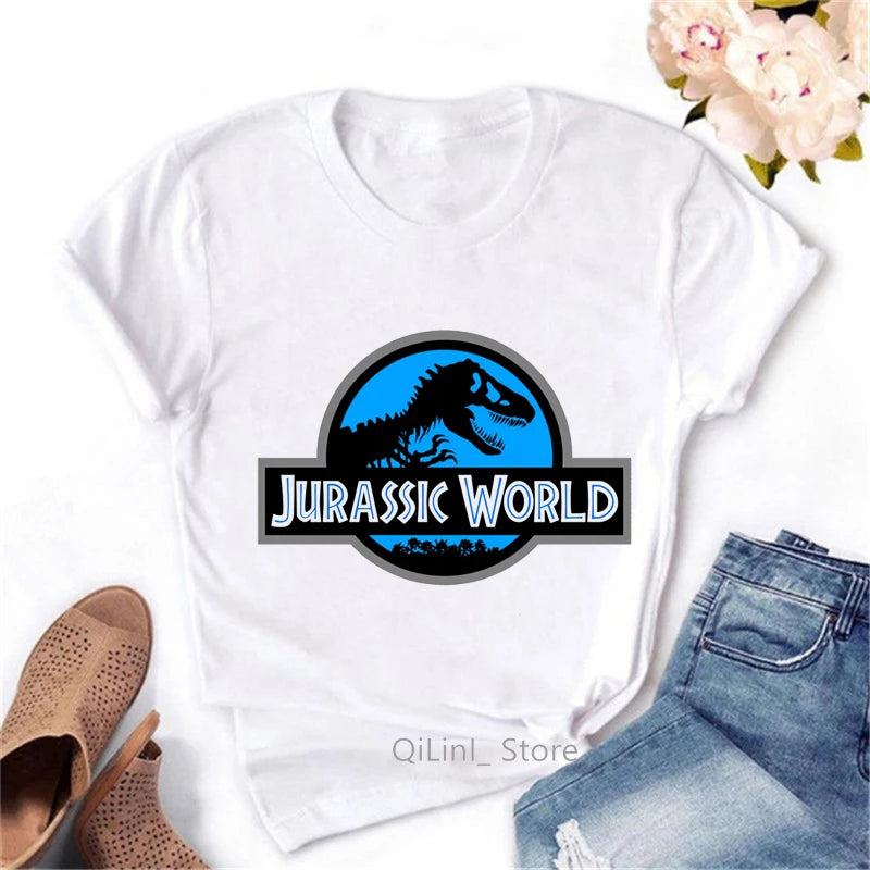 T-Shirt à Manches Courtes Blanc Vintage pour Femme, Streetwear Cool, Motif Dinosaure, Collection Estivale