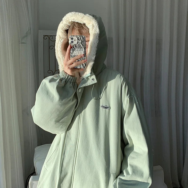 Veste à capuche en fourrure d'agneau pour hommes, optique d'hiver, manteau court, coton, vêtements d'extérieur chauds, mode coréenne