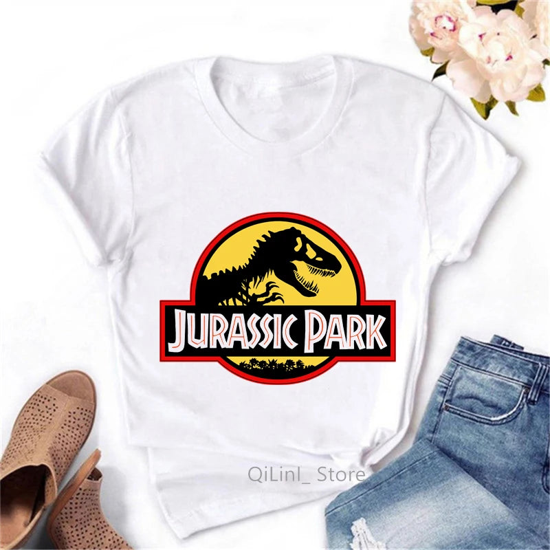 T-Shirt à Manches Courtes Blanc Vintage pour Femme, Streetwear Cool, Motif Dinosaure, Collection Estivale