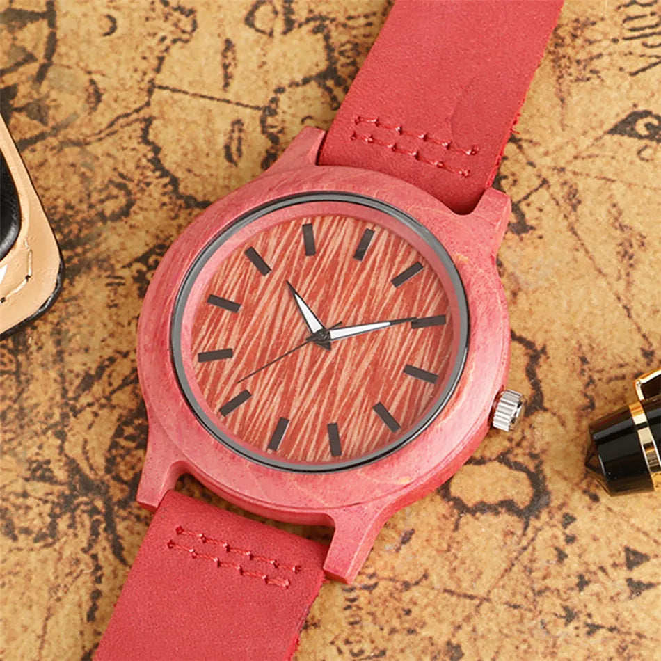 MINN-Montre-Bracelet en Bois de Bambou Vert/Rouge pour Femme, en Cuir group, à Quartz, Simple, Décontractée,