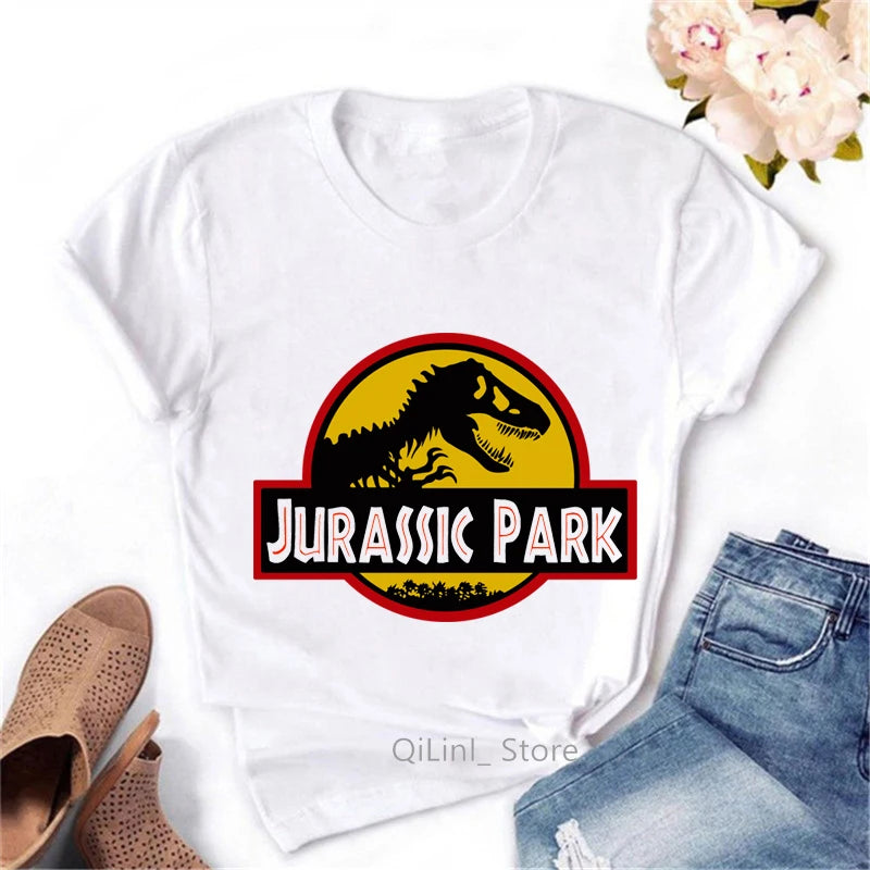 T-Shirt à Manches Courtes Blanc Vintage pour Femme, Streetwear Cool, Motif Dinosaure, Collection Estivale