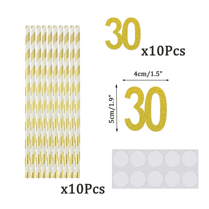 Pailles en papier à rayures dorées, 1 sac, numéro 30e 40e 50e 60e, lunettes à ceinture, pailles à boissons joyeux anniversaire pour adultes, décoration de fête en ballon