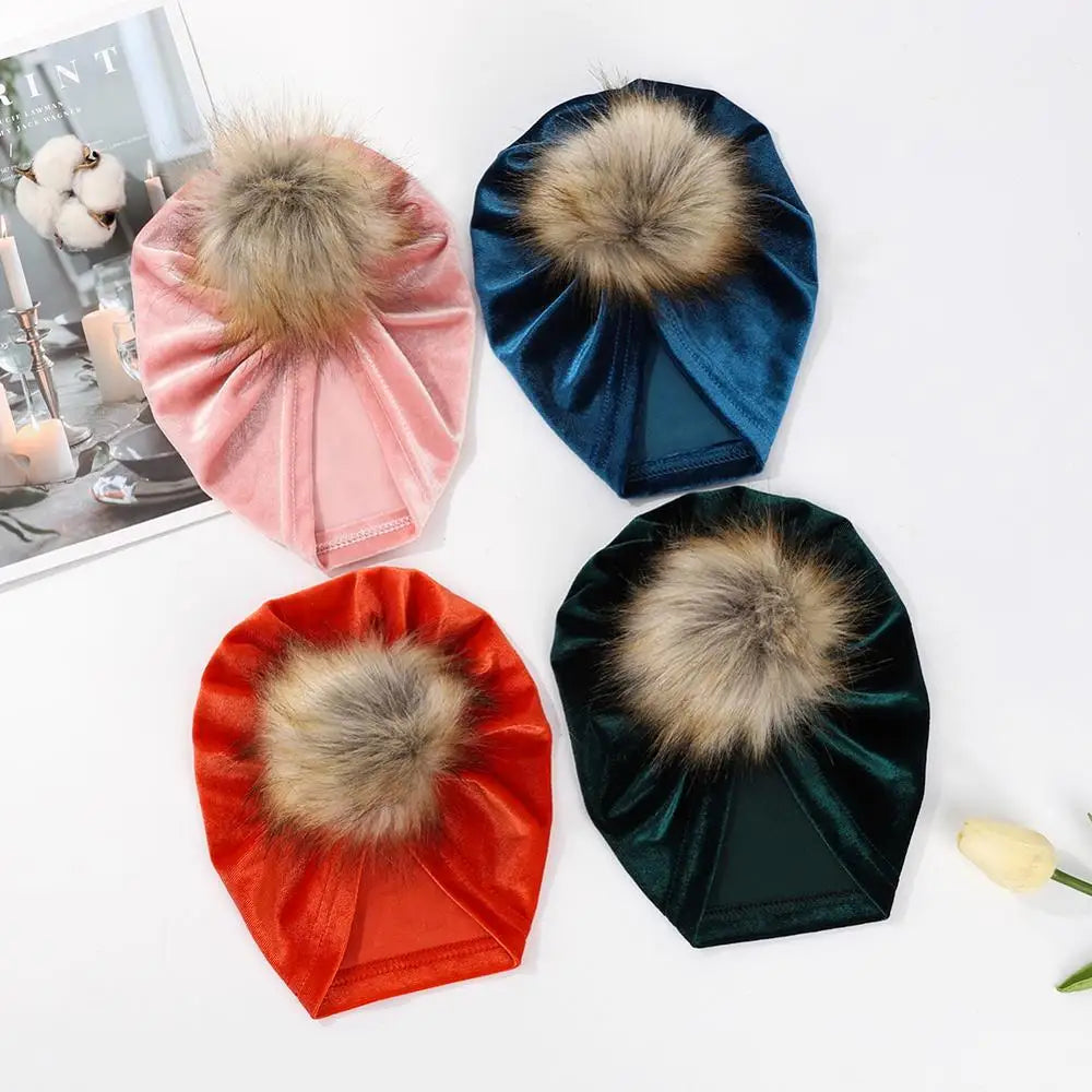 Chapeau boule de fourrure en tissu velours solide pour enfants garçons filles bébé accessoires de photographie grand pompon nœud supérieur automne hiver oreille bonnet chaud