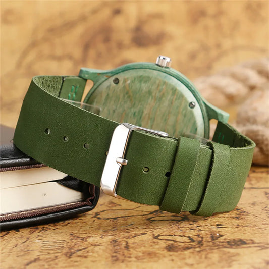 MINN-Montre-Bracelet en Bois de Bambou Vert/Rouge pour Femme, en Cuir group, à Quartz, Simple, Décontractée,