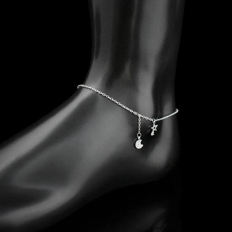 Bracelet en argent Sterling 925 en Zircon, étoile et lune, boucle de cheville, symbole Constellation, chaîne pour le pied, bijoux pour femmes et filles, cadeau, nouvelle tendance