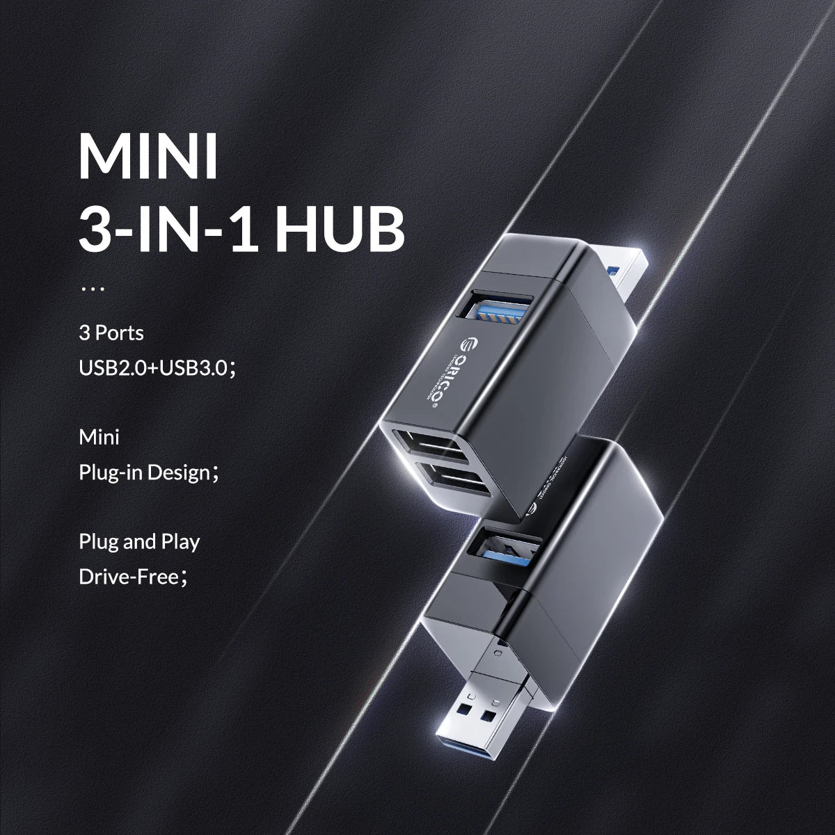 ORICO – Mini Hub séparateur USB 3.0 3 en 1, haute vitesse, 3 ports USB étendus, pour ordinateur de bureau, PC portable, lecteur gratuit